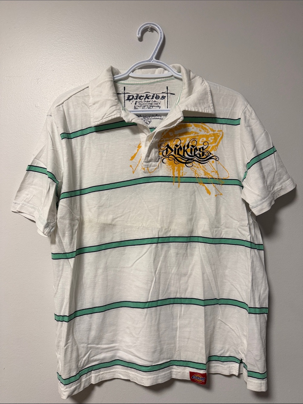 Dickies White Polo with Green Stripes and Yellow Chest Graphic